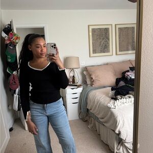 Black V-Neck Sweater with White Trim